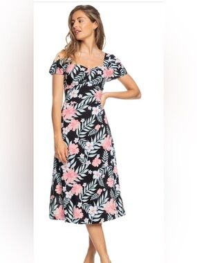 ROXY Floral Dress Black Pink Tropical Short Sleeve Size M Canyon Moon NWT